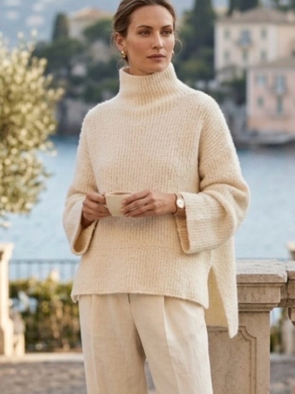 Aeron New Merino Wool Boucle Oversized Nandy Sweater Size Small High Neck Ivory